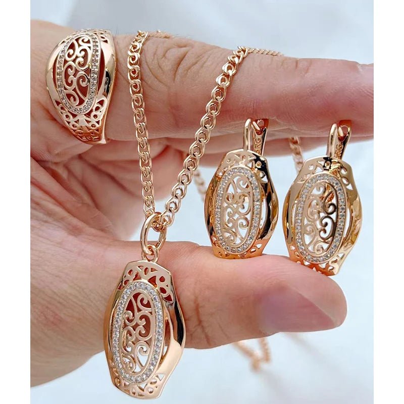Ensemble Bague et Boucles d'Oreilles Ethnique Zircon - Collier Or Rose 585 Femme - FoytiShop