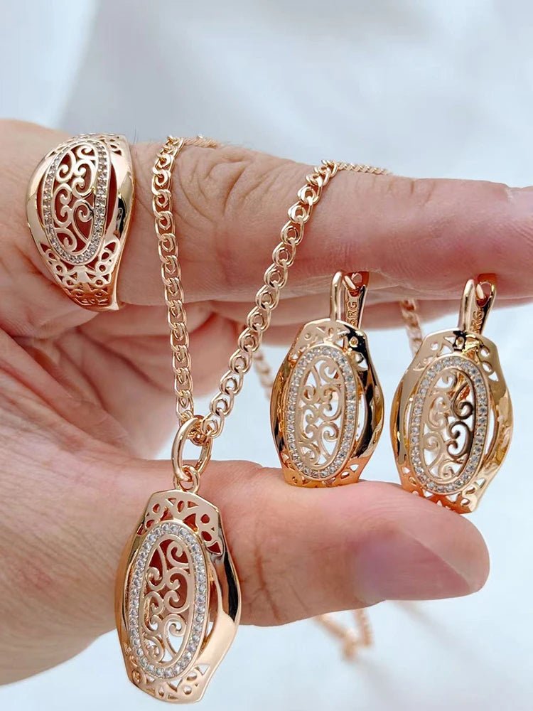Ensemble Bague et Boucles d'Oreilles Ethnique Zircon - Collier Or Rose 585 Femme - FoytiShop