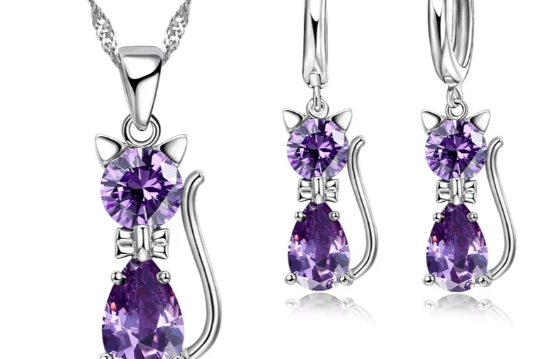 🐱 Ensemble Bijoux Argent Sterling 925 - Pendentif Chat Cristal Autrichien - FoytiShop
