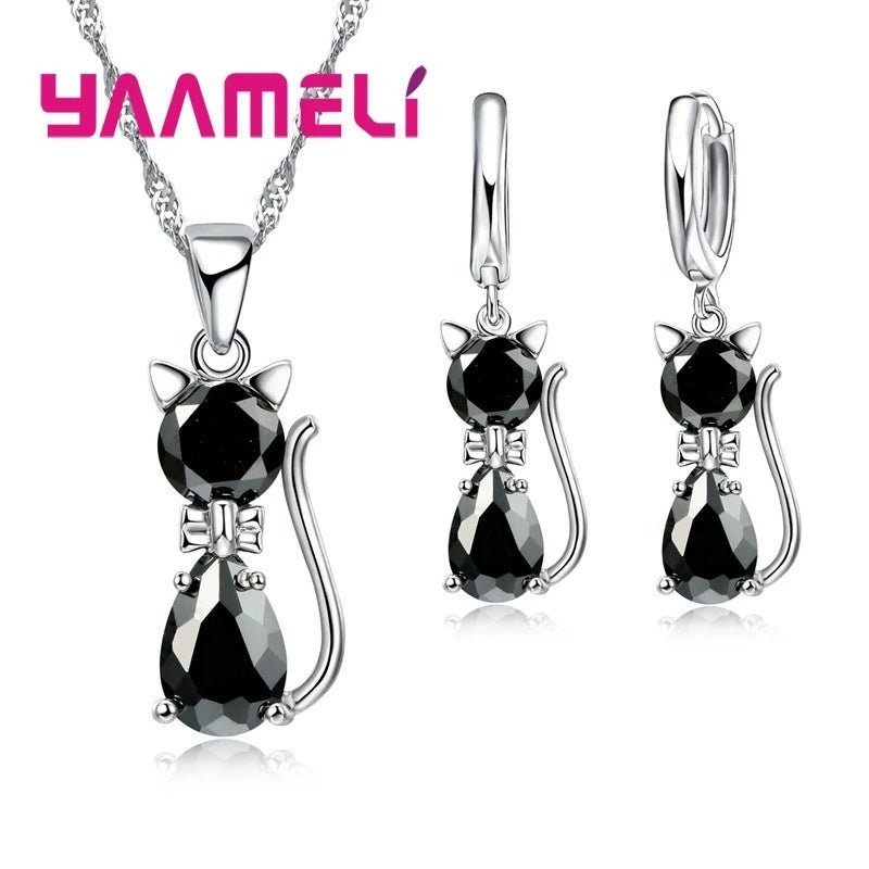 🐱 Ensemble Bijoux Argent Sterling 925 - Pendentif Chat Cristal Autrichien - FoytiShop