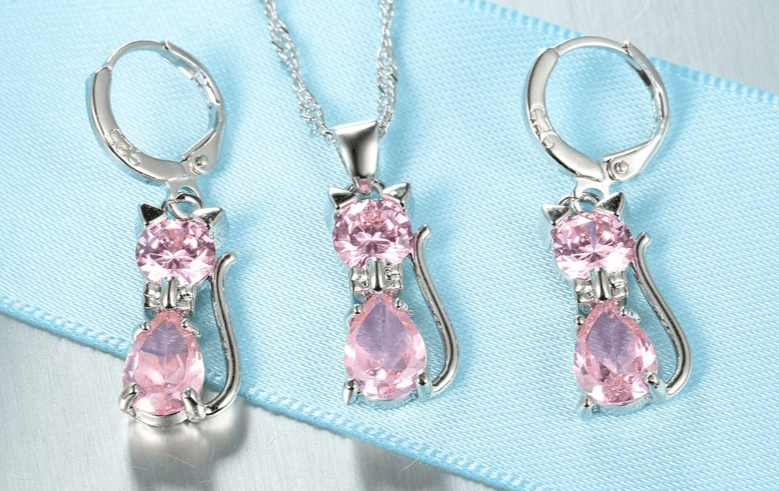 🐱 Ensemble Bijoux Argent Sterling 925 - Pendentif Chat Cristal Autrichien - FoytiShop