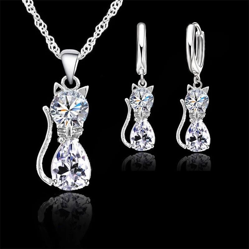 🐱 Ensemble Bijoux Argent Sterling 925 - Pendentif Chat Cristal Autrichien - FoytiShop