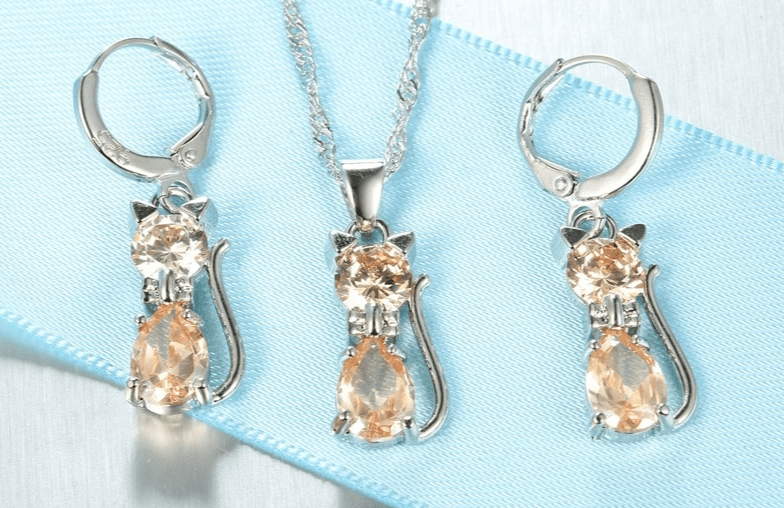 🐱 Ensemble Bijoux Argent Sterling 925 - Pendentif Chat Cristal Autrichien - FoytiShop