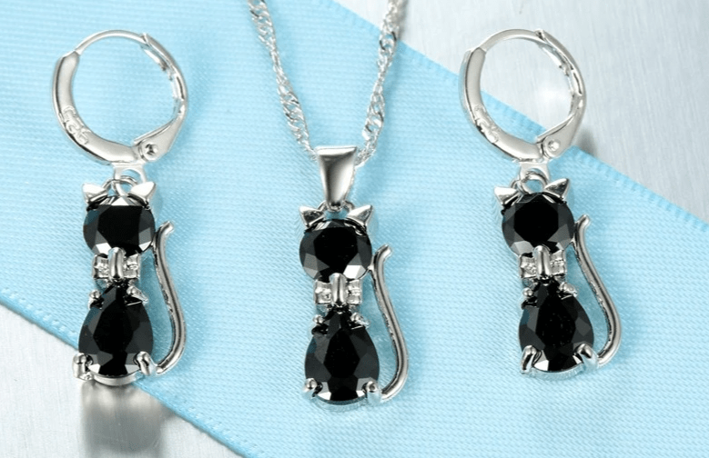 🐱 Ensemble Bijoux Argent Sterling 925 - Pendentif Chat Cristal Autrichien - FoytiShop