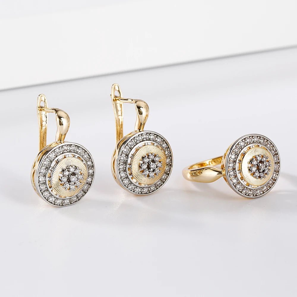 Ensemble Bijoux Luxe Bicolore - Boucles d'Oreilles Disque Rétro + Bague Plaquée Or 14K - FoytiShop