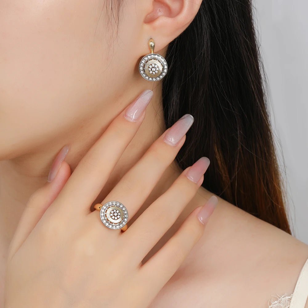 Ensemble Bijoux Luxe Bicolore - Boucles d'Oreilles Disque Rétro + Bague Plaquée Or 14K - FoytiShop