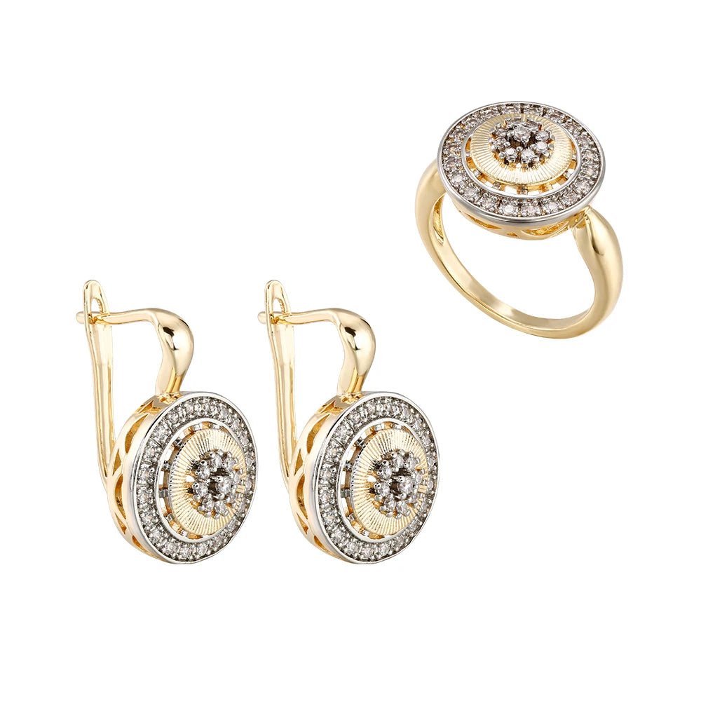 Ensemble Bijoux Luxe Bicolore - Boucles d'Oreilles Disque Rétro + Bague Plaquée Or 14K - FoytiShop