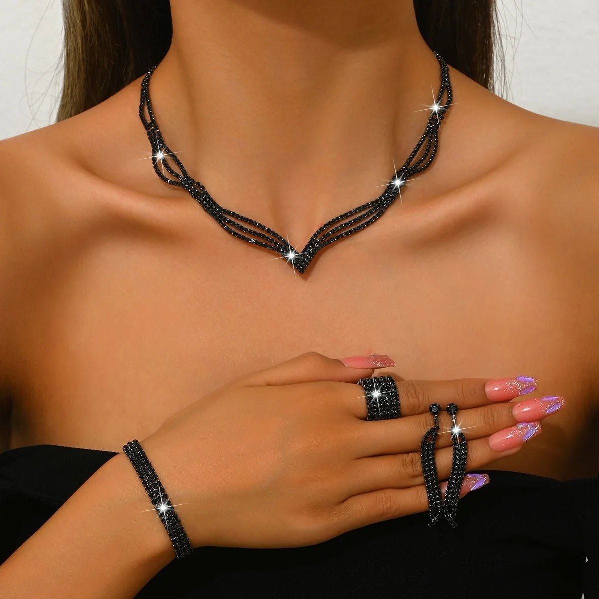 Ensemble Collier Boucles d'Oreilles Bracelet Noir - Bijoux Mariée Tendance 2025 - FoytiShop