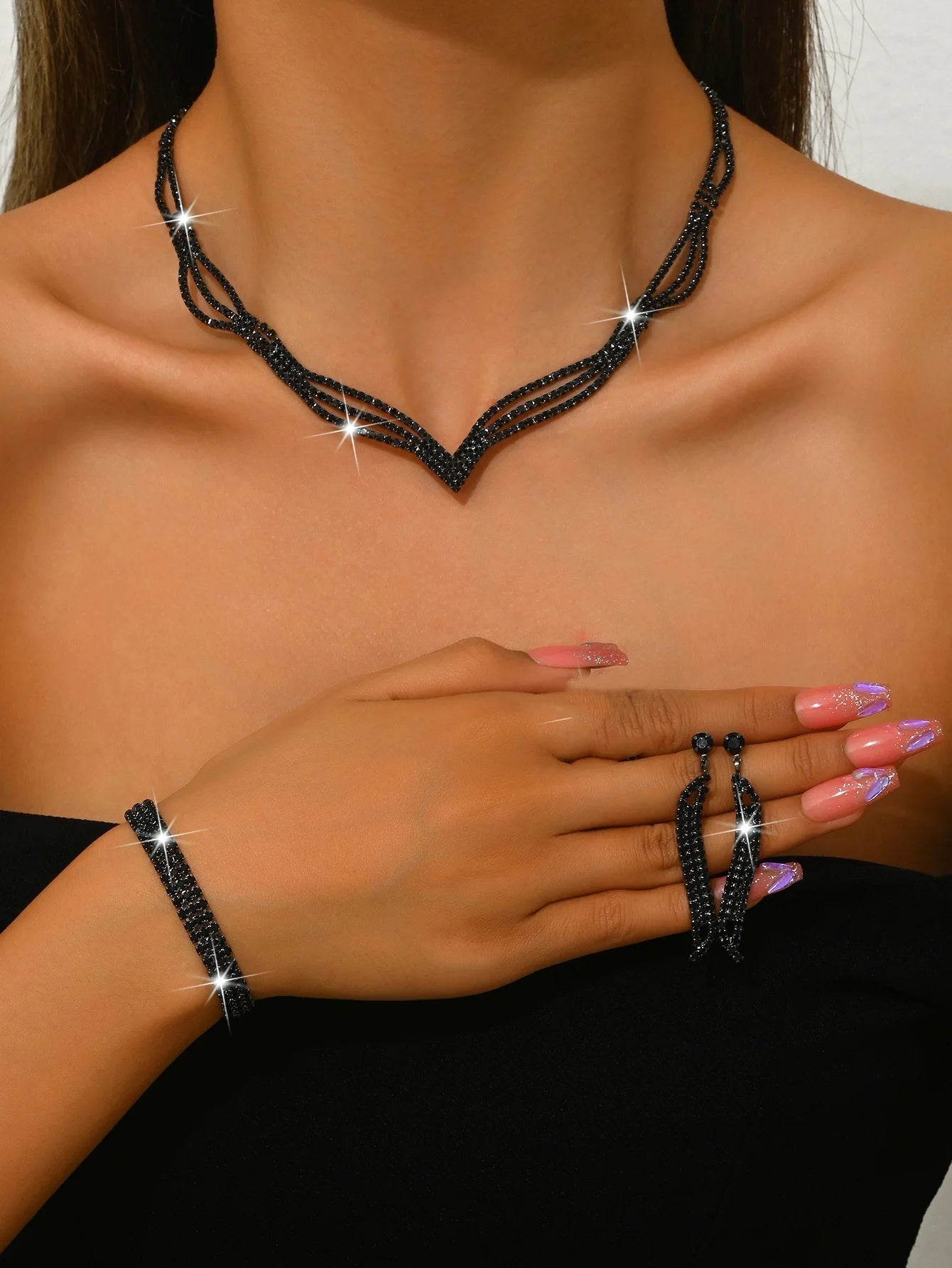 Ensemble Collier Boucles d'Oreilles Bracelet Noir - Bijoux Mariée Tendance 2025 - FoytiShop