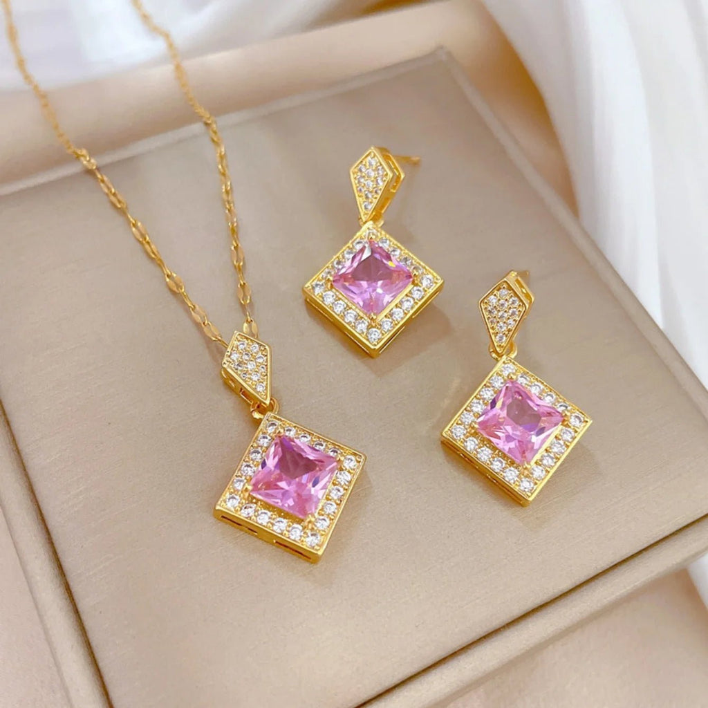 Ensemble collier carré, boucles d'oreilles, breloques pour dames - FoytiShop