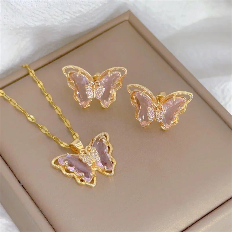 Ensemble collier et boucles d'oreilles papillon micro - incrusté, - FoytiShop