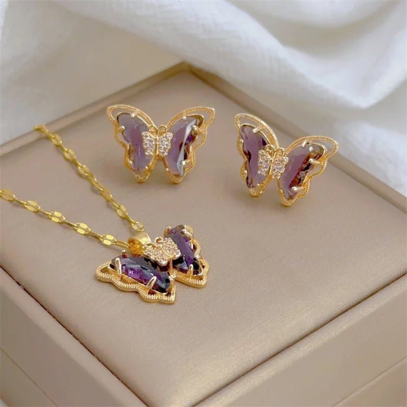 Ensemble collier et boucles d'oreilles papillon micro - incrusté, - FoytiShop