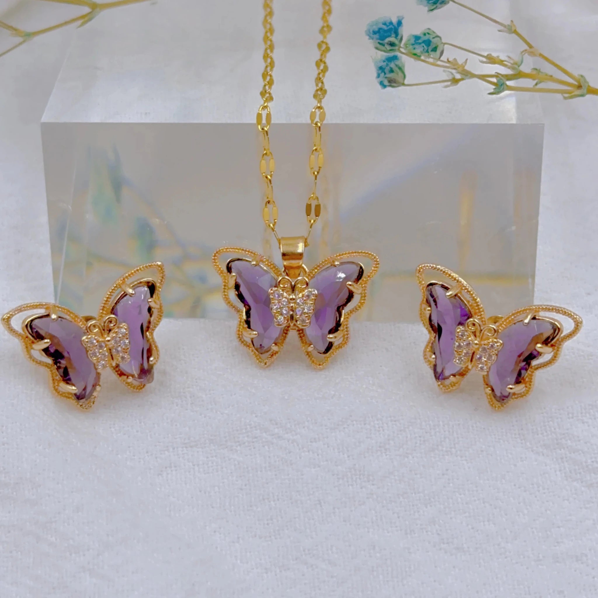 Ensemble collier et boucles d'oreilles papillon micro - incrusté, - FoytiShop