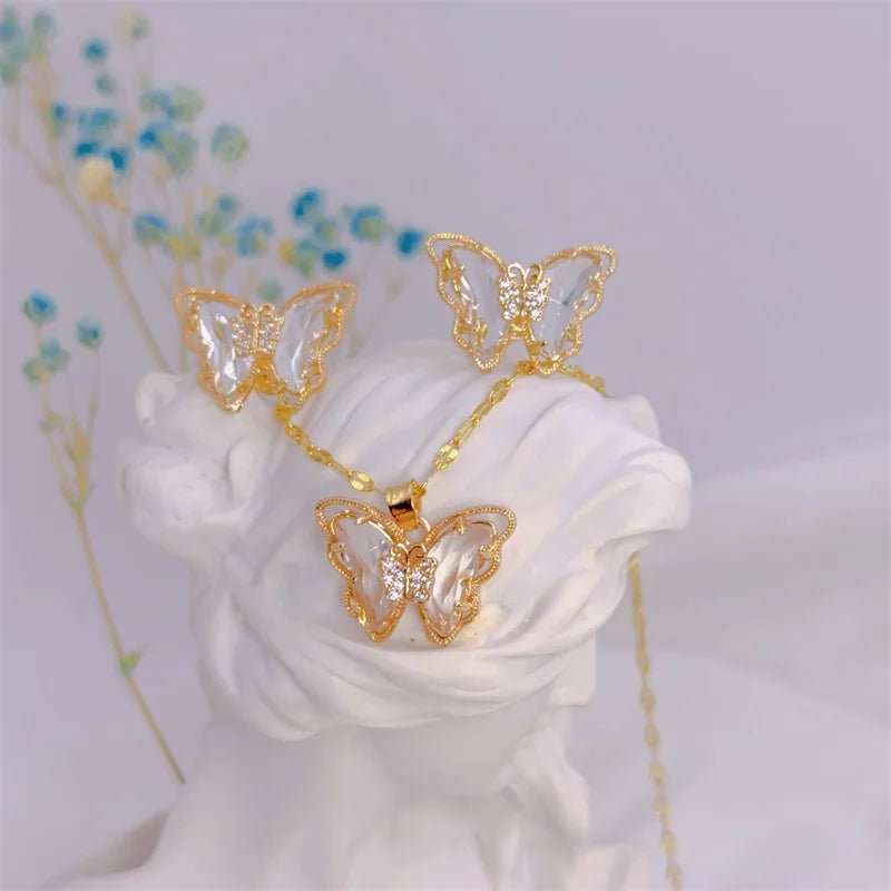 Ensemble collier et boucles d'oreilles papillon micro - incrusté, - FoytiShop