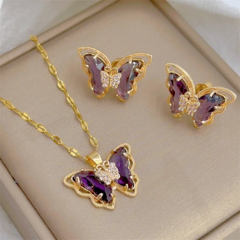 Ensemble collier et boucles d'oreilles papillon micro - incrusté, - FoytiShop