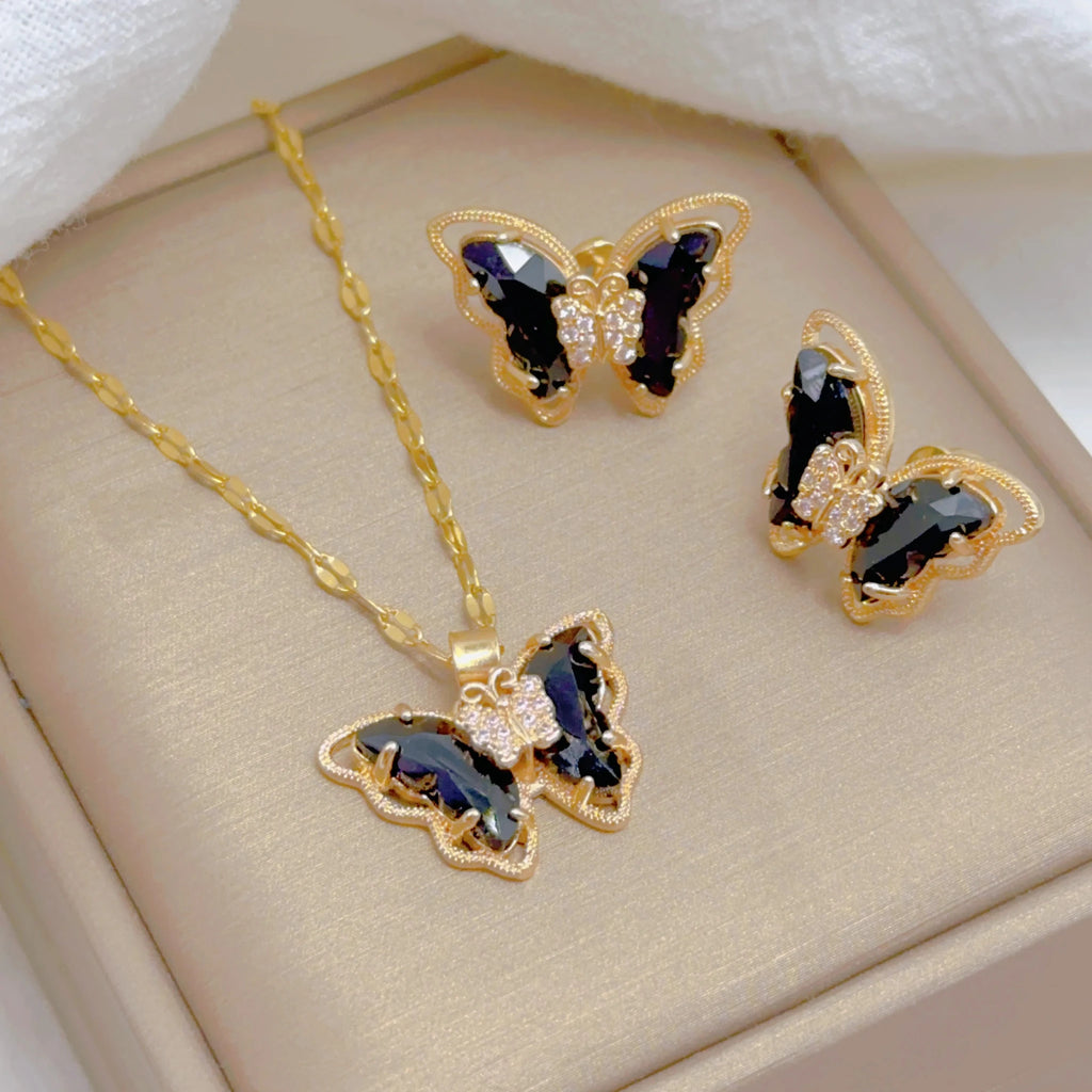 Ensemble collier et boucles d'oreilles papillon micro - incrusté, - FoytiShop