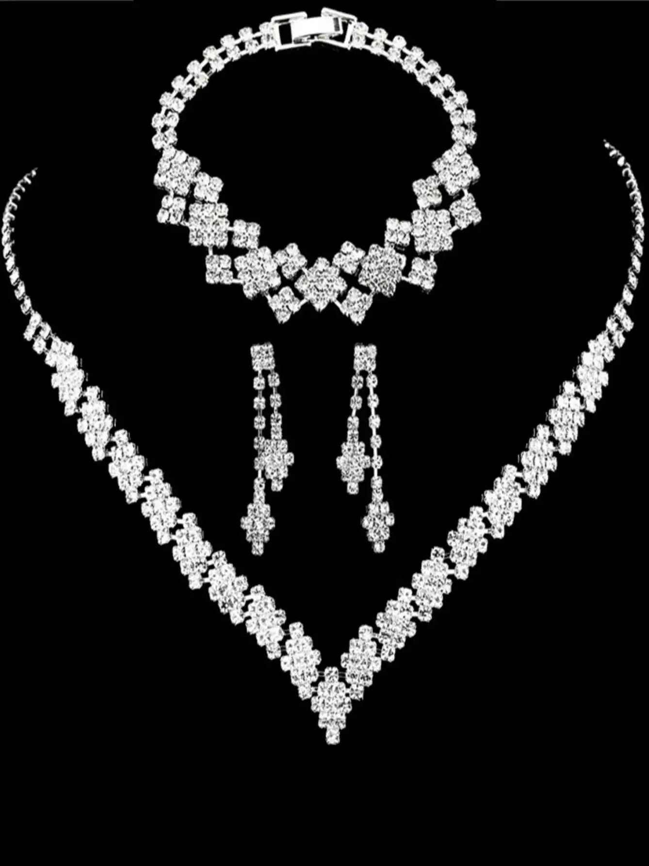💎 Ensemble Collier et Boucles d'Oreilles Strass Argent - Pampilles Mode - FoytiShop