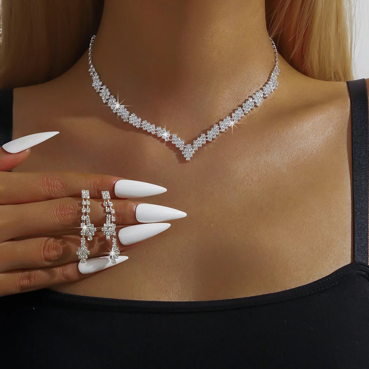 💎 Ensemble Collier et Boucles d'Oreilles Strass Argent - Pampilles Mode - FoytiShop