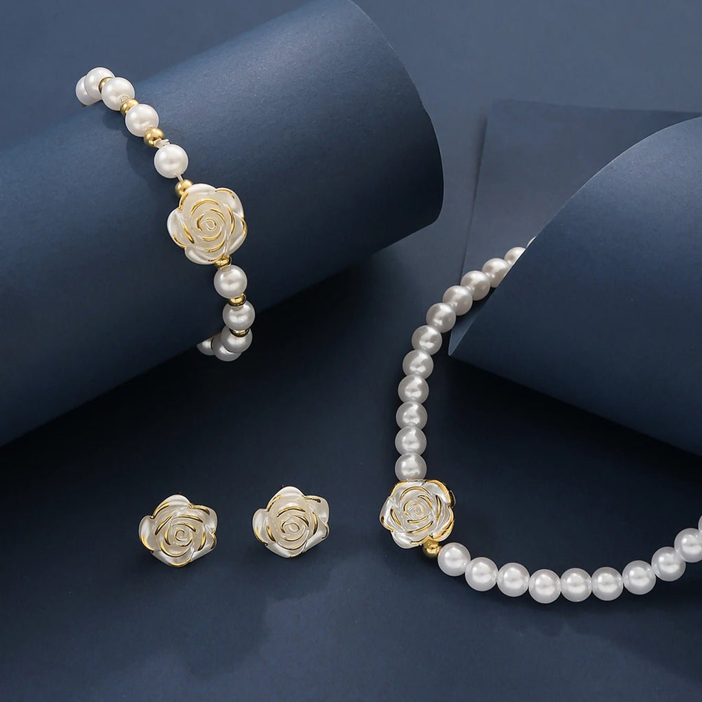 💐 Ensemble Collier et Bracelets Perles Imitation - Fleur Délicate - FoytiShop