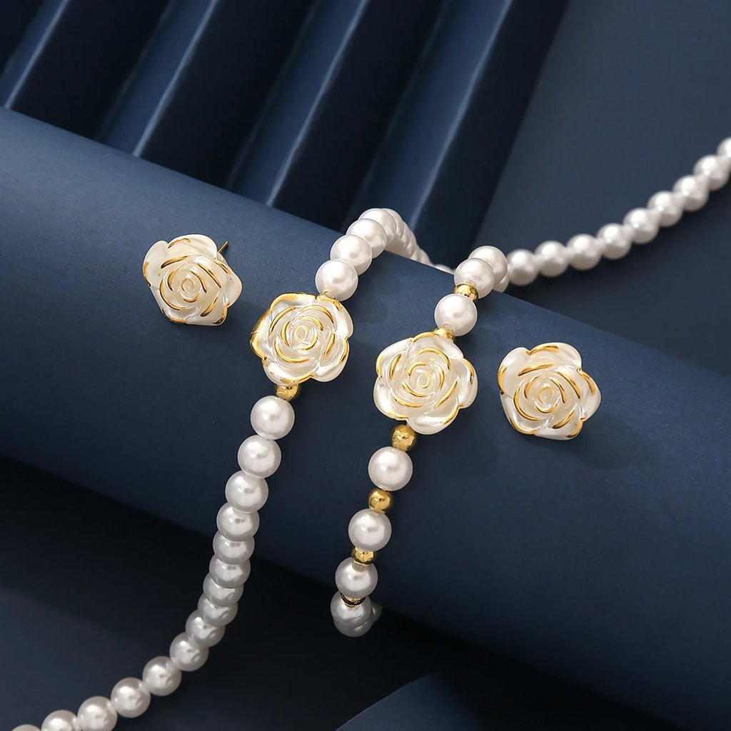 💐 Ensemble Collier et Bracelets Perles Imitation - Fleur Délicate - FoytiShop