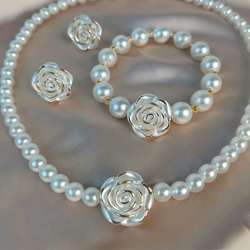 💐 Ensemble Collier et Bracelets Perles Imitation - Fleur Délicate - FoytiShop