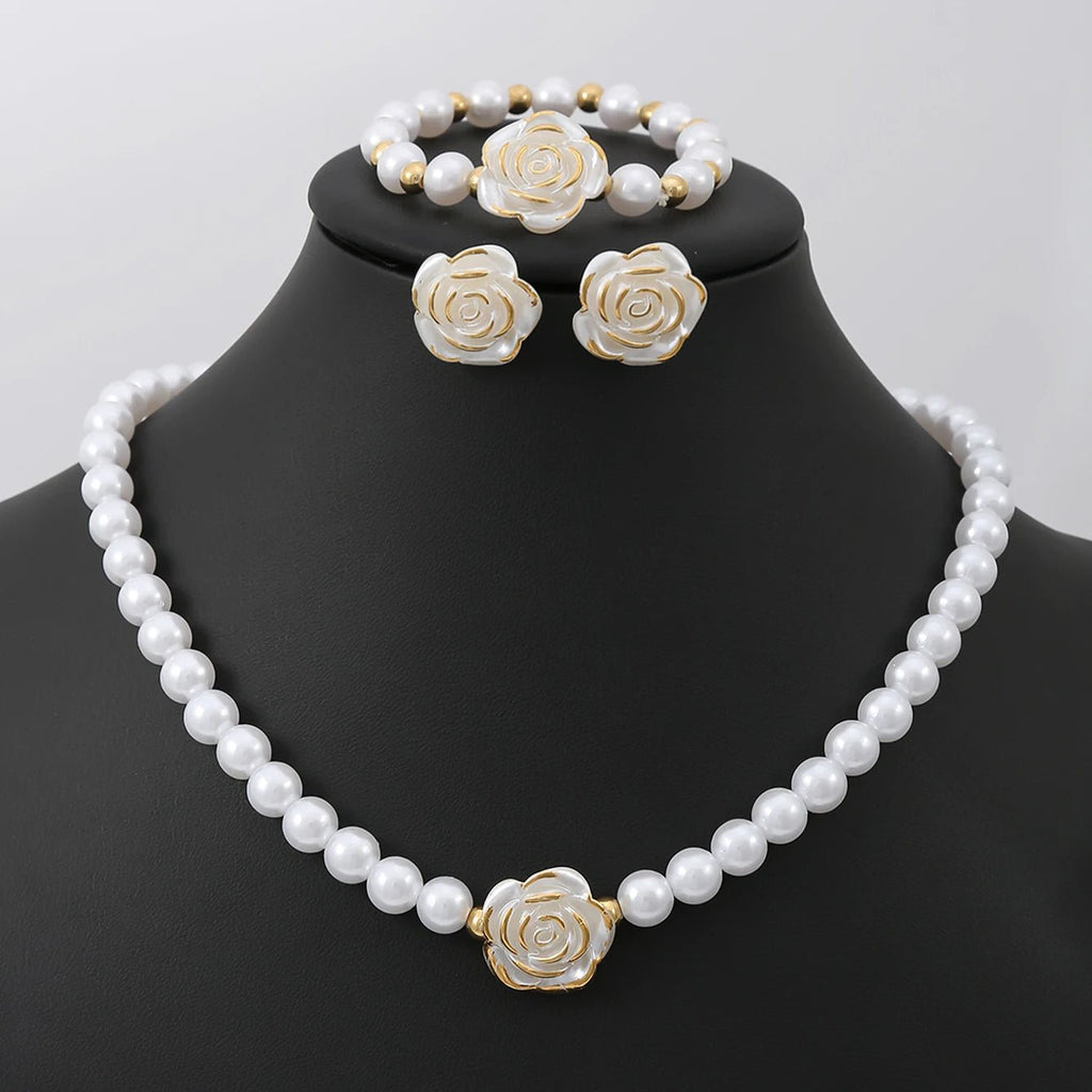 💐 Ensemble Collier et Bracelets Perles Imitation - Fleur Délicate - FoytiShop