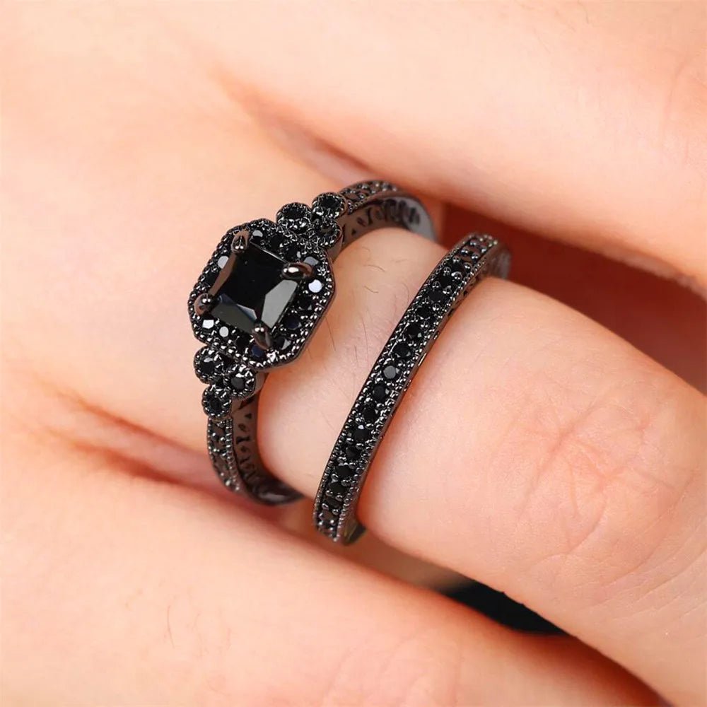 Ensemble de Bagues Fiançailles Vintage Pierre de Zircon - Bijoux Mariage Or Noir - FoytiShop