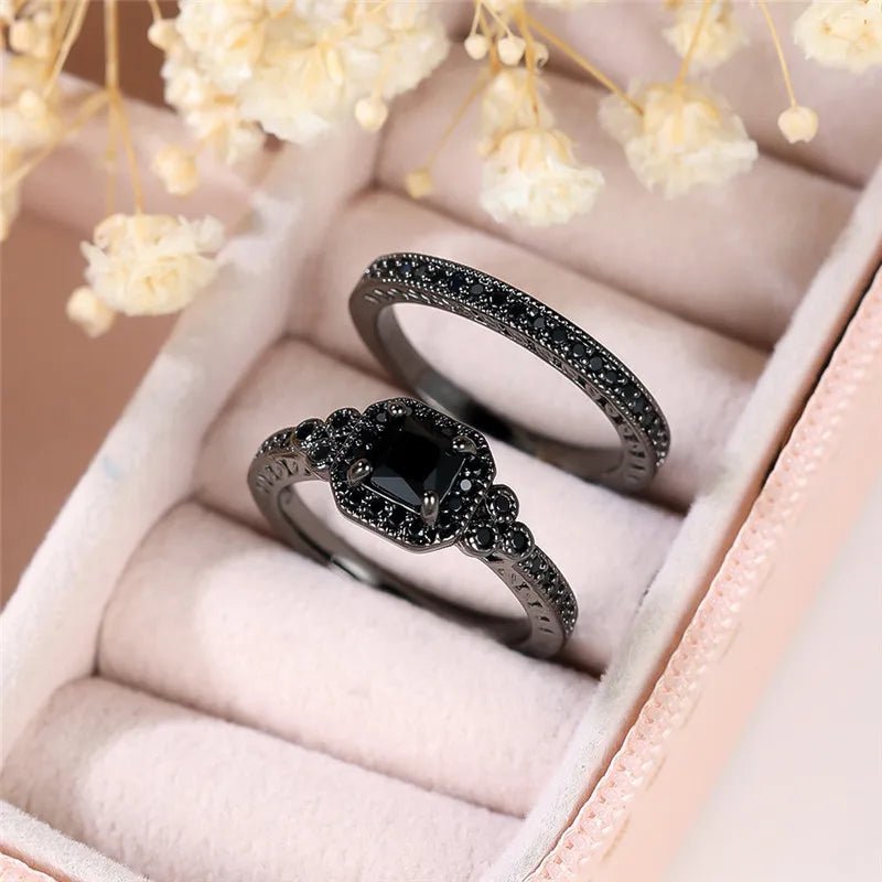 Ensemble de Bagues Fiançailles Vintage Pierre de Zircon - Bijoux Mariage Or Noir - FoytiShop