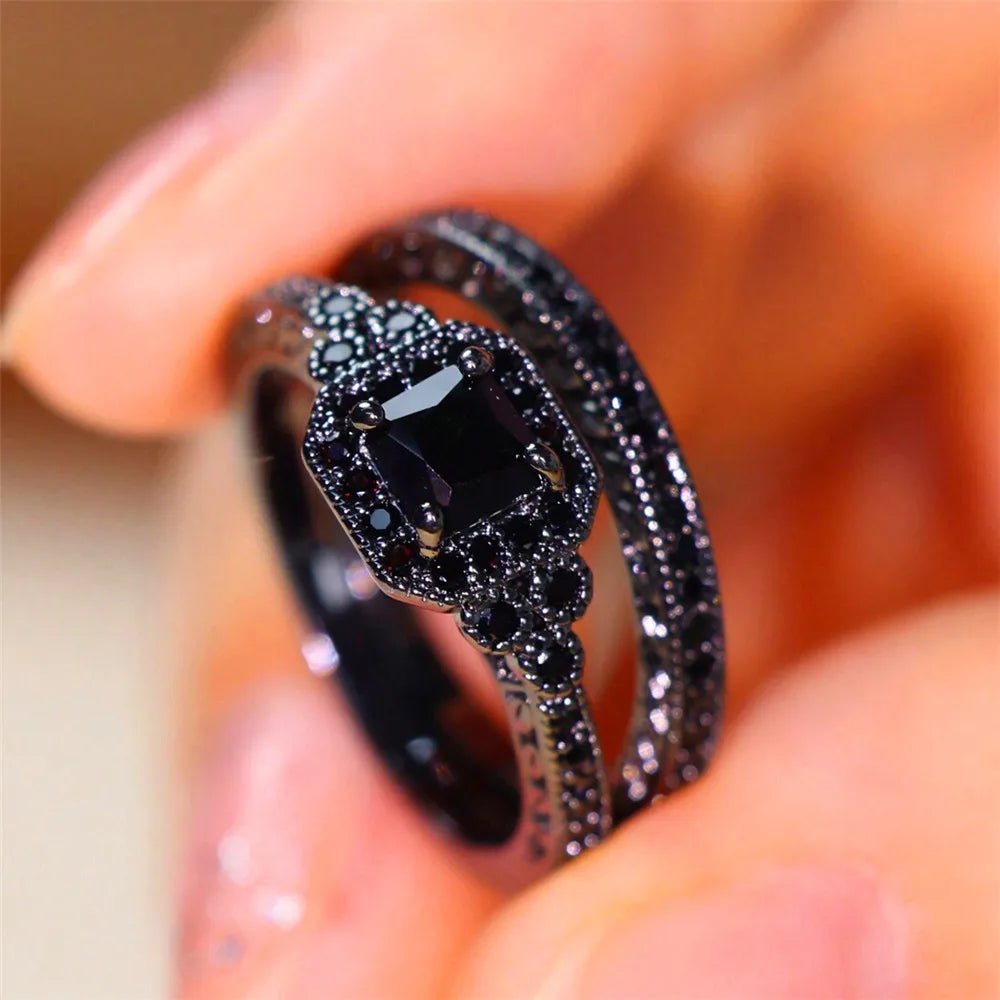Ensemble de Bagues Fiançailles Vintage Pierre de Zircon - Bijoux Mariage Or Noir - FoytiShop