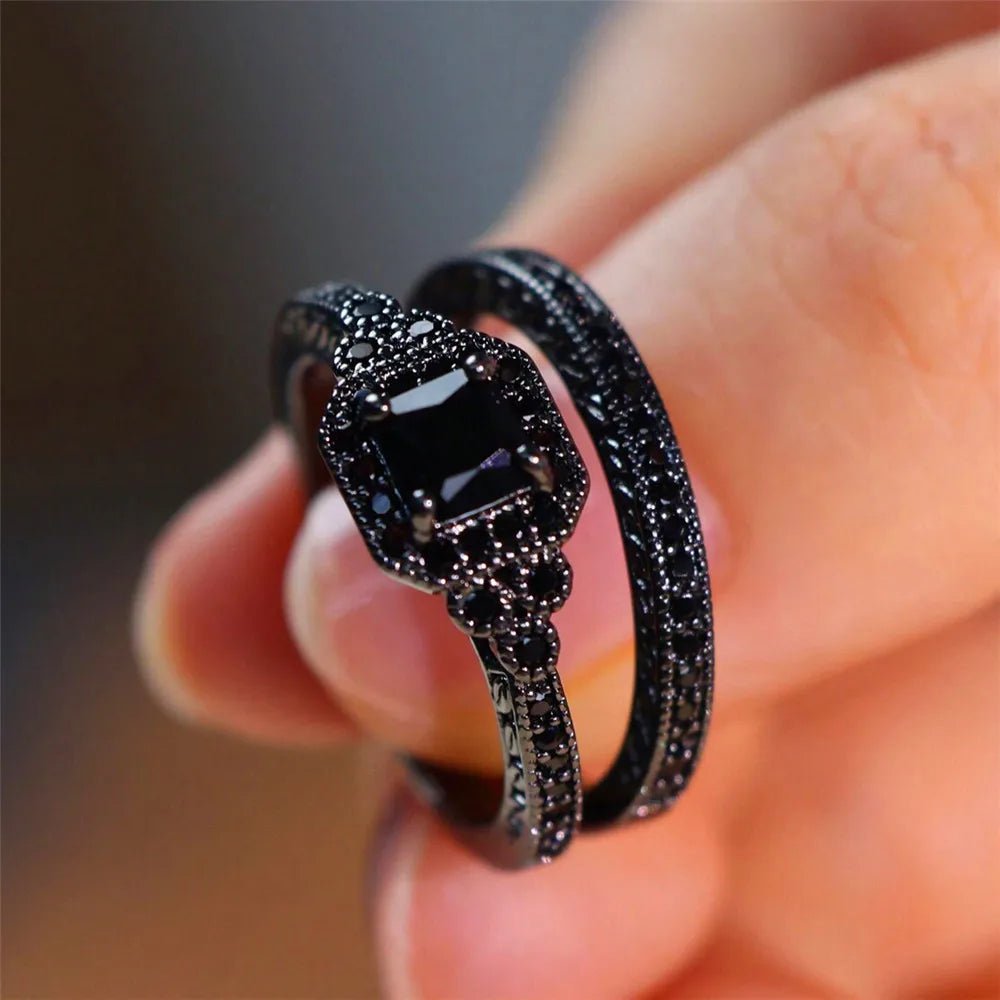 Ensemble de Bagues Fiançailles Vintage Pierre de Zircon - Bijoux Mariage Or Noir - FoytiShop