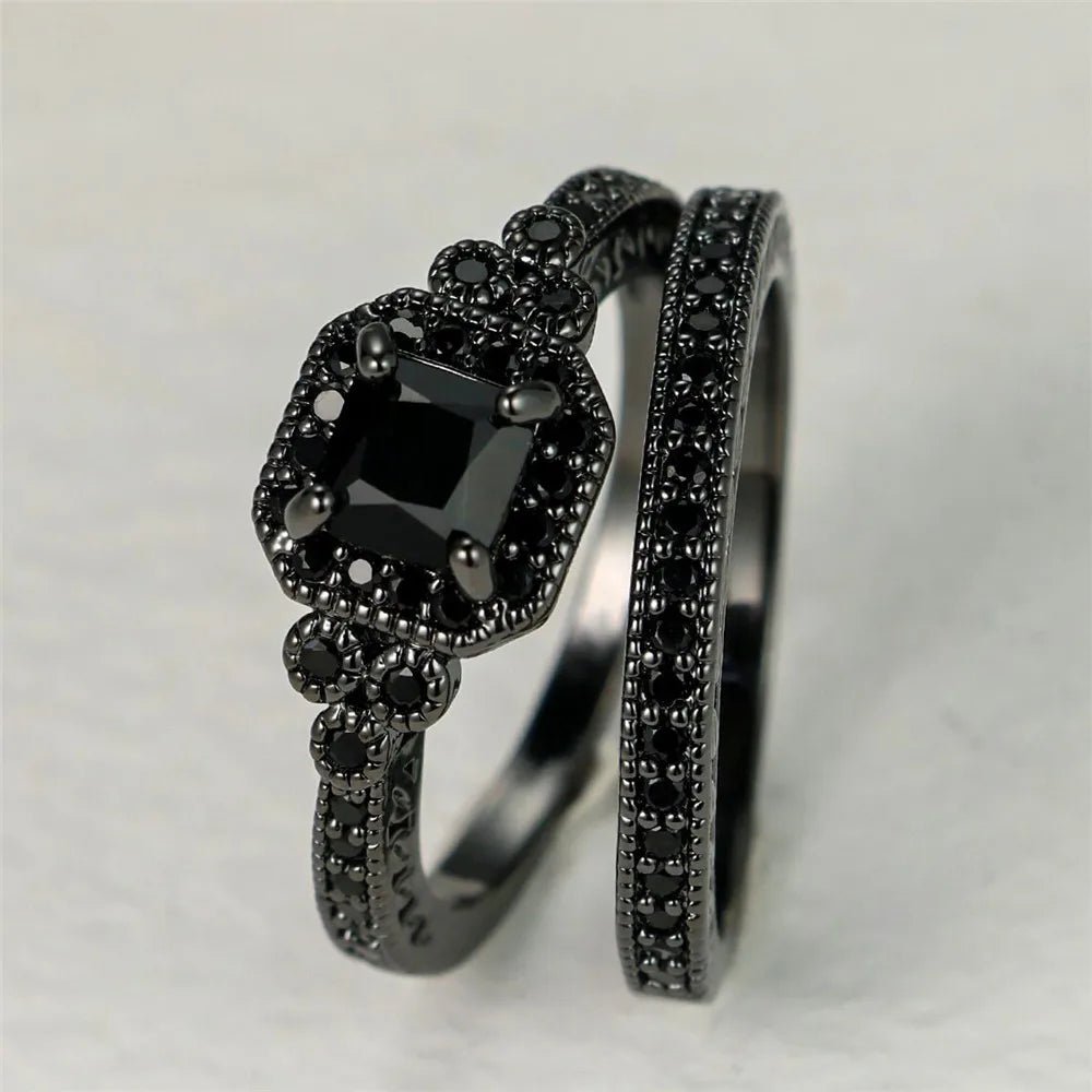 Ensemble de Bagues Fiançailles Vintage Pierre de Zircon - Bijoux Mariage Or Noir - FoytiShop