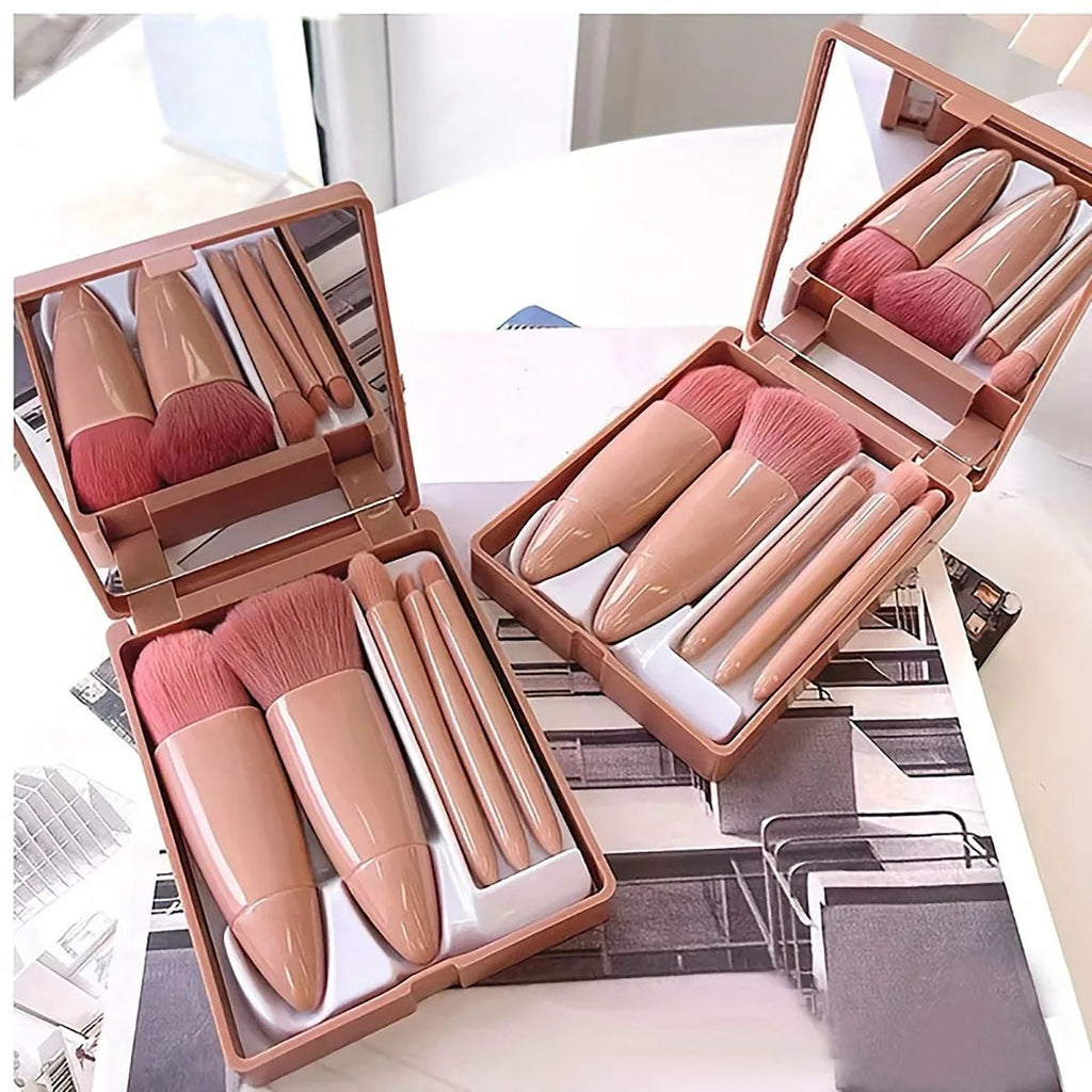 Ensemble de Pinceaux de Maquillage Portables 5 Pièces avec Miroir - Kit de Voyage Pliable - FoytiShop