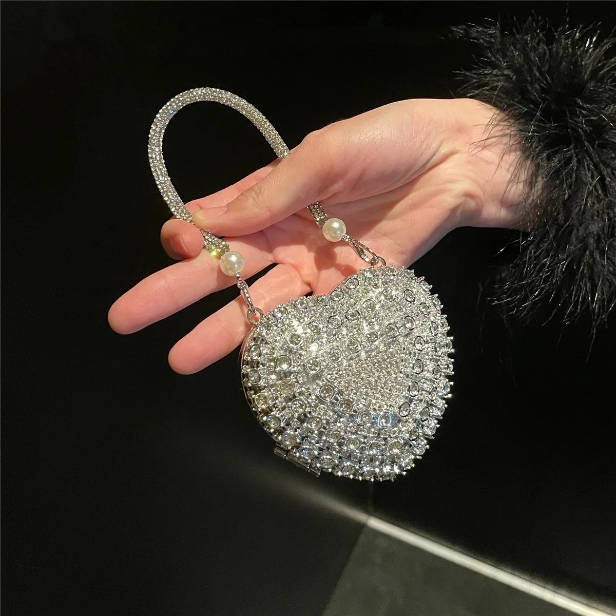 Luxe petit Bling coeur forme diamant soirée pochette strass sac à main dames - FoytiShop