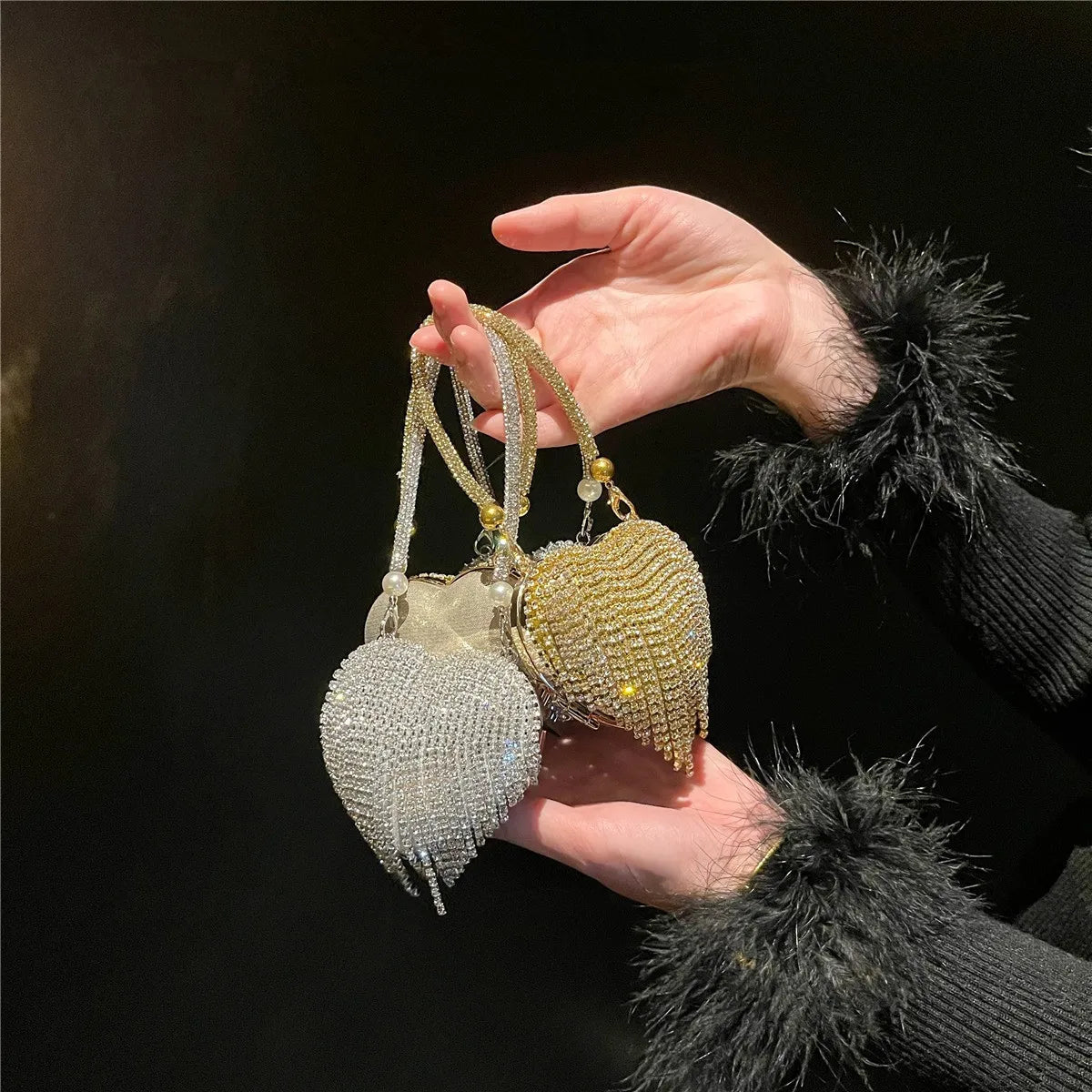 Luxe petit Bling coeur forme diamant soirée pochette strass sac à main dames - FoytiShop