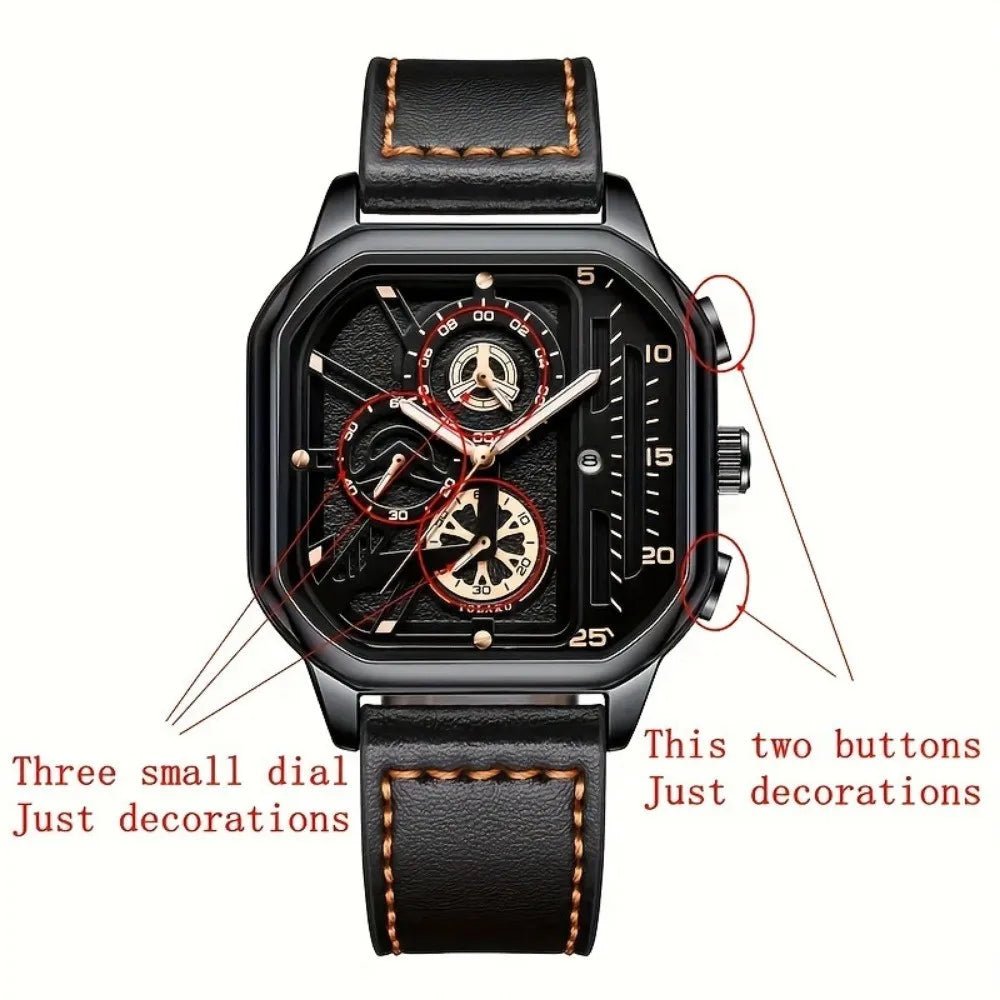 Montre Carrée Luxe Grand Cadran Homme - Bracelet Cuir PU Sport - FoytiShop