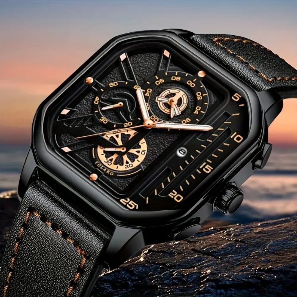 Montre Carrée Luxe Grand Cadran Homme - Bracelet Cuir PU Sport - FoytiShop