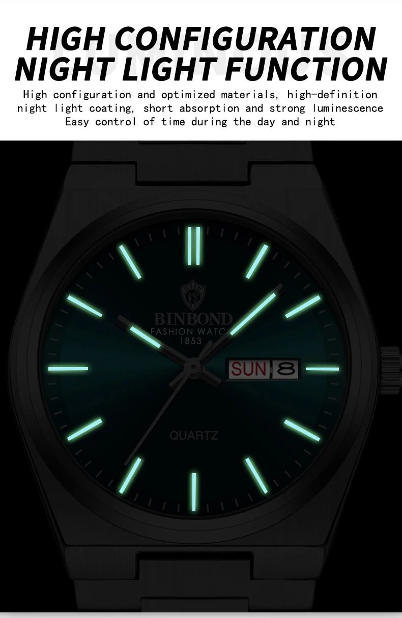Montre Homme Affaires Loisirs Quartz Acier Inoxydable - Étanche Calendrier Lumineux - FoytiShop