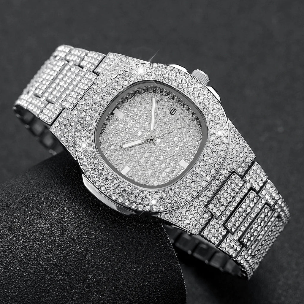 Montre Homme Quartz Acier Inoxydable Calendrier - Diamant Luxe Sport - FoytiShop