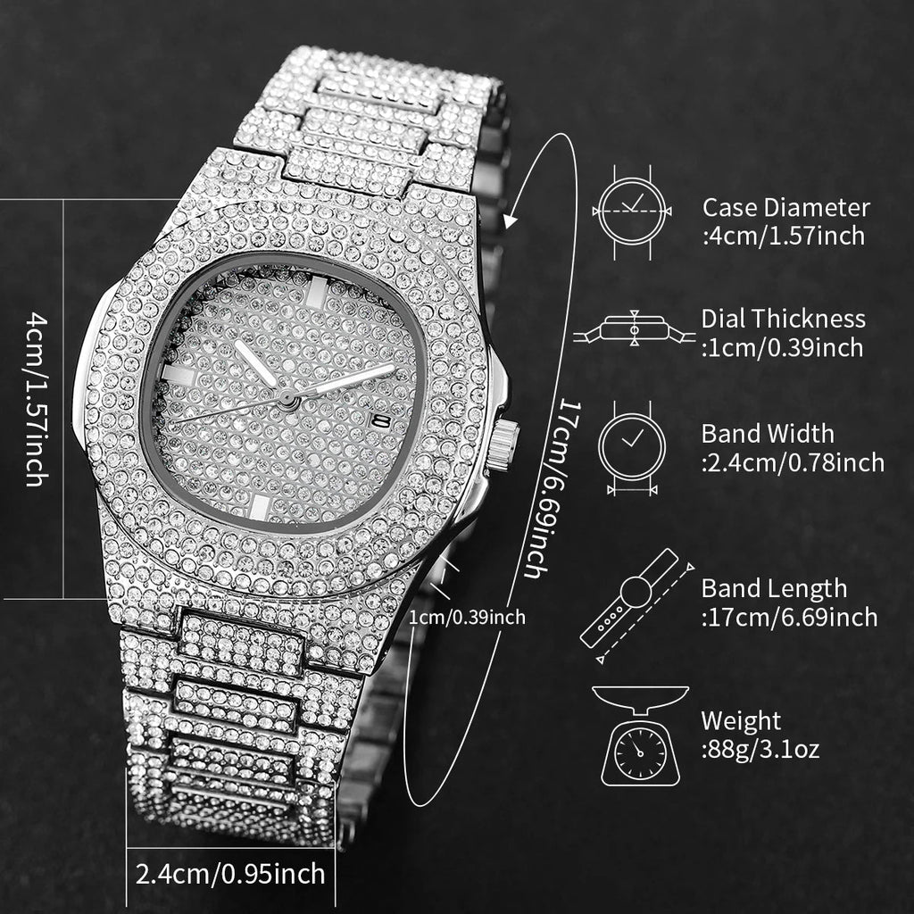 Montre Homme Quartz Acier Inoxydable Calendrier - Diamant Luxe Sport - FoytiShop