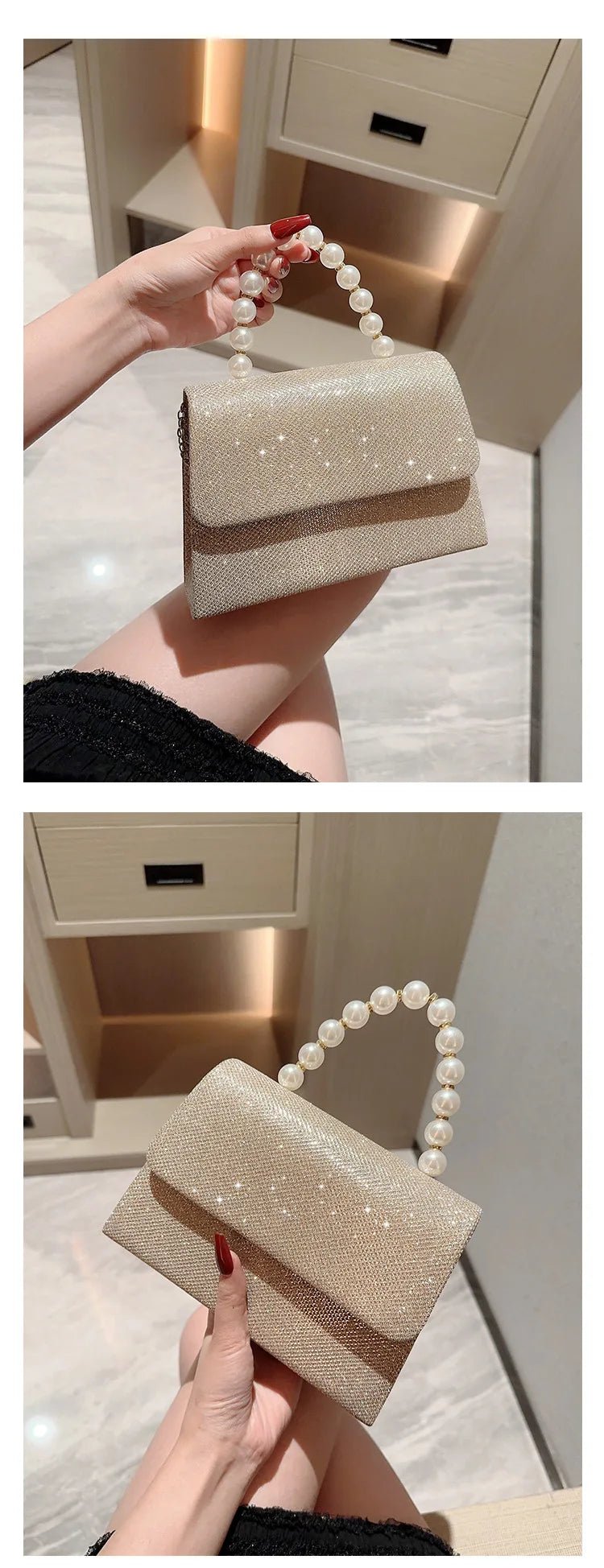 Sac de Soirée Perle Chaîne Dorée - Pochette Soie Élégante Femme - FoytiShop