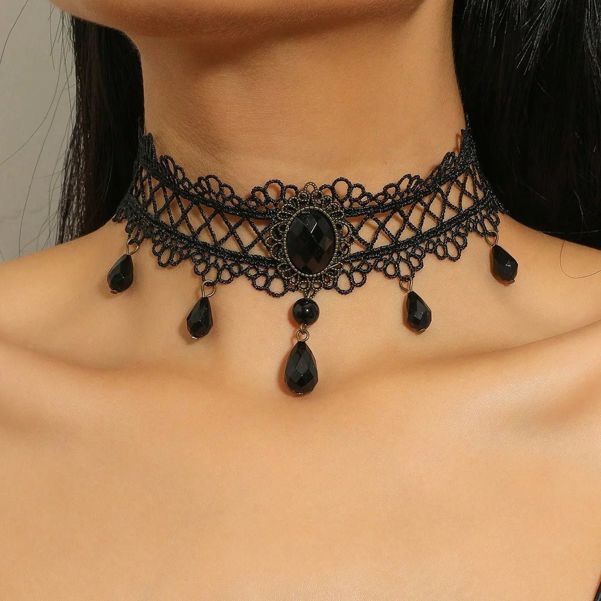 Tour de Cou Dentelle Gothique Vintage - Pendentif Cristal Noir Boho Femme - FoytiShop