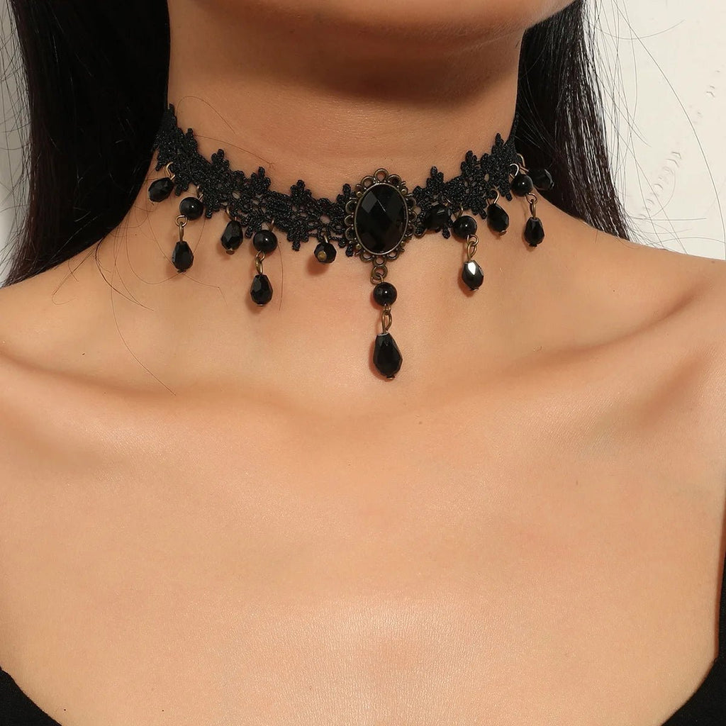 Tour de Cou Dentelle Gothique Vintage - Pendentif Cristal Noir Boho Femme - FoytiShop