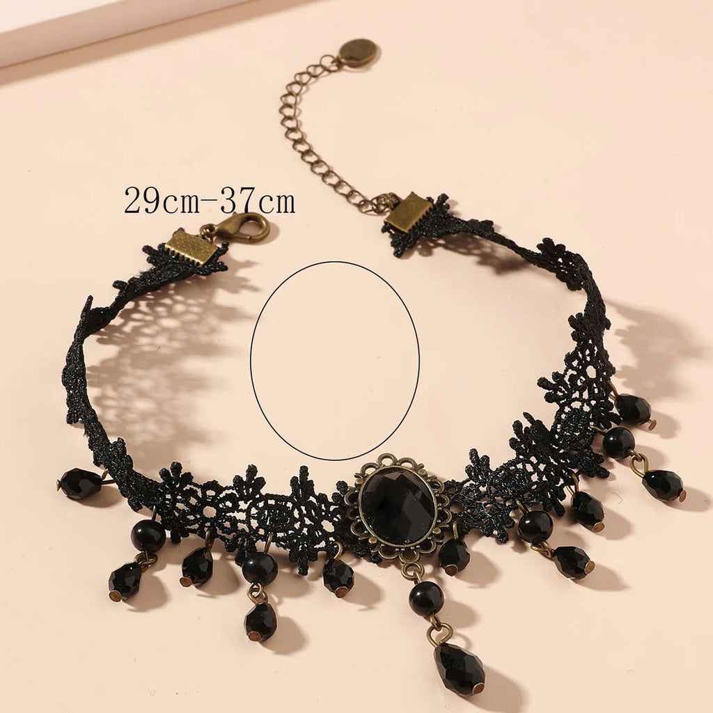 Tour de Cou Dentelle Gothique Vintage - Pendentif Cristal Noir Boho Femme - FoytiShop