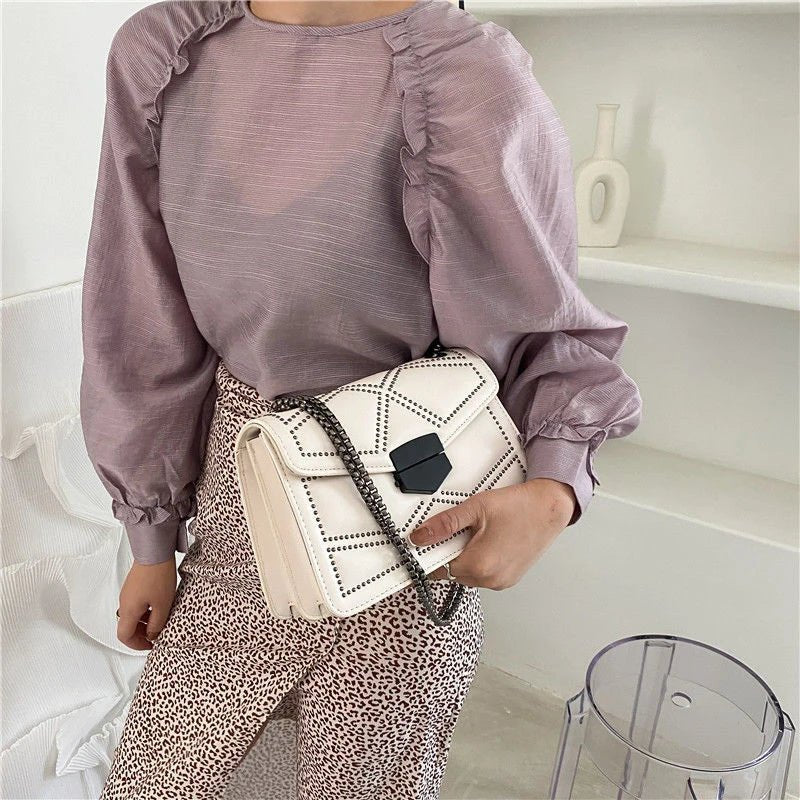 Yogodlns Sac Bandoulière Cuir PU Rivet Vintage - Rabat Élégant Femme - FoytiShop